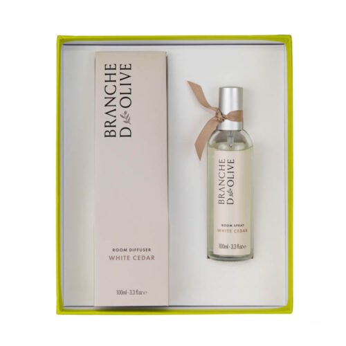 Branche d'Olive White Cedar Room Diffuser and White Cedar Room Spray Gift Box in Lime coloured box