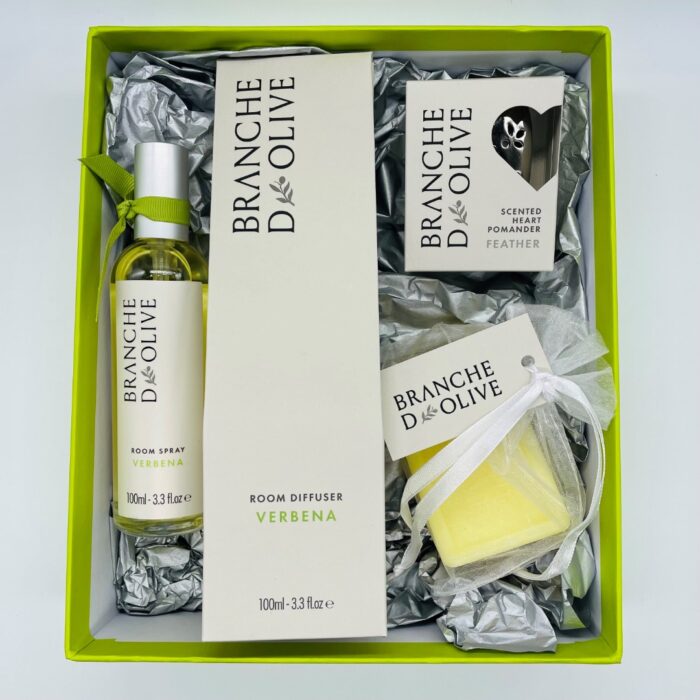 Branche d'Olive Verbena Luxury Gift Set boxed in Lime containing a Verbena diffuser and room spray, a boxed Feather pomander and a bagged Verbena soap