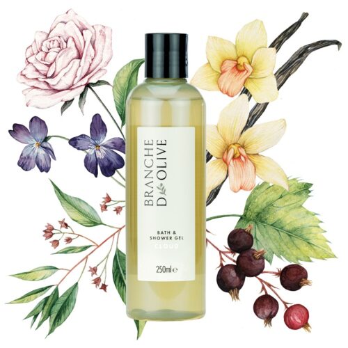 Branche d'Olive's Cloud bath/shower gel pictured against a hand painted backdrop of the constituent parts of the Cloud fragrance