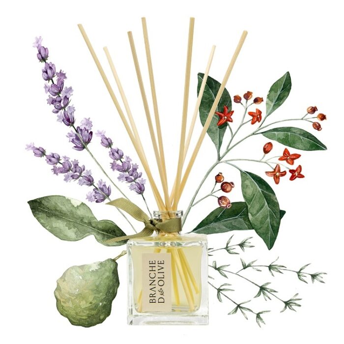 Branche d'Olive Garrigue Room Diffuser on a painted floral background