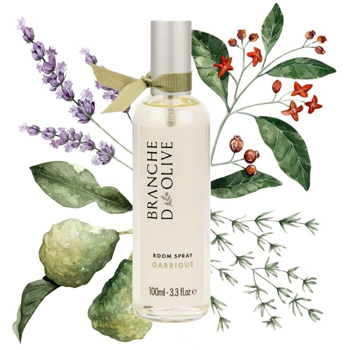 Branche d'Olive Garrigue Room Spray with a painted floral background