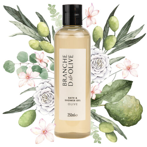 Branche d'Olive's Olive bath/shower gel pictured against a hand painted backdrop of the constituent parts of the Olive fragrance