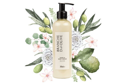 Branche d'Olive's Olive luxurious Hand/Body Lotion pictured against a hand painted backdrop of the constituent parts of the Olive fragrance