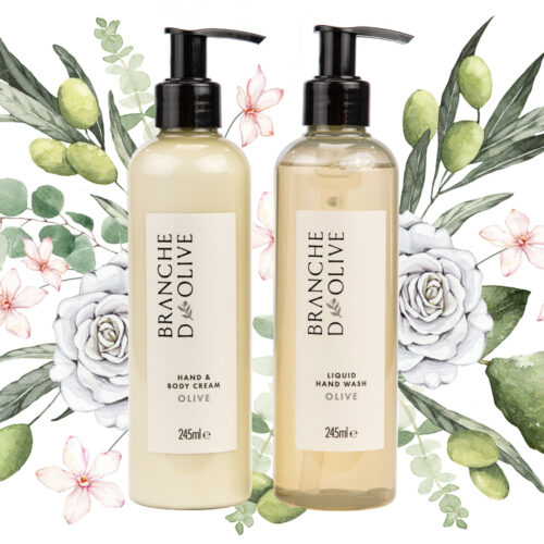 Branche d'Olive's Olive hand wash and hand/body lotion pictured in front of a hand drawn depiction of the fragrance's constituent elements