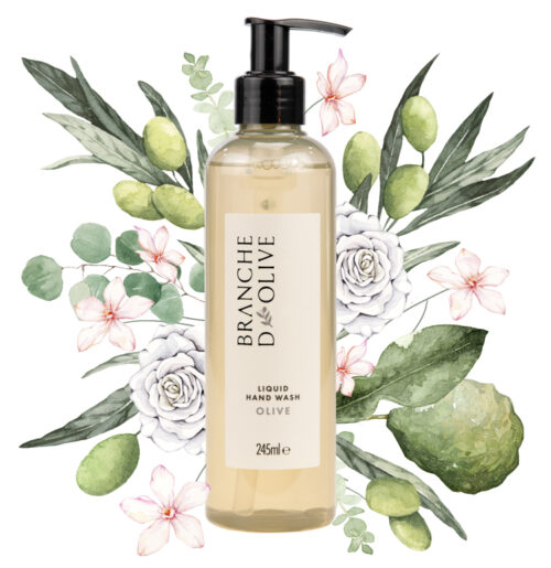 Branch d'Olive's luxury hand wash in Olive set in front of an Ella Sienna pictorial illustration of the fragrance