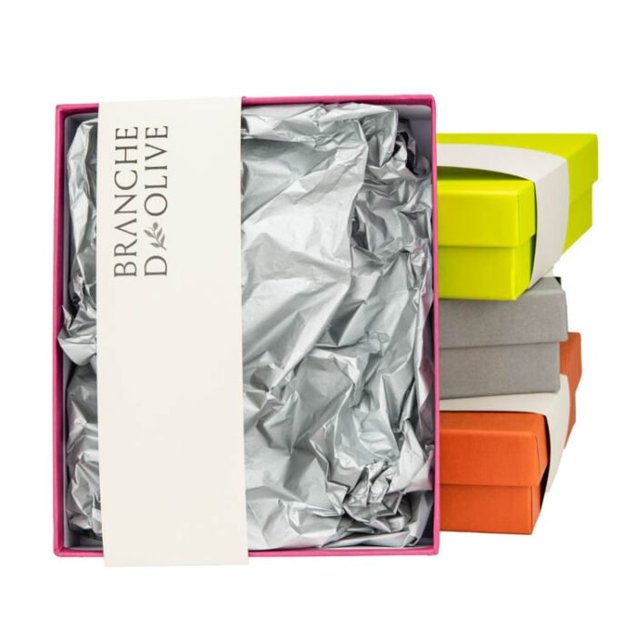 Branche d'Olive Gift Boxes in Lime, Smoke, Terracotta and Raspberry group with Branche d'Olive bandeau ped with Branche d'Olive bandeau shown with silver tissue paper