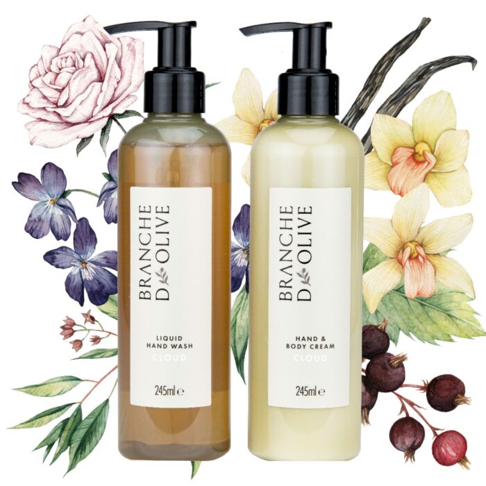 Branche d'Olive Cloud Liquid Hand Wash with Cloud Haand and Body Lotion with hand-painted floral background