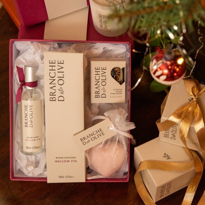 Branche d'Olive gift box with Mellow Fig Room Spray, Room Diffuser, Feather Heart Pomander and Heart Soap.