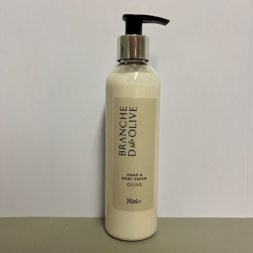 250ml bottle of Branche d'Olive luxury hand & body lotion in Olive with chrome collared pump