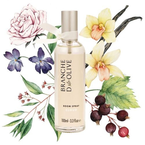 Branche d'Olive Cloud Room Spray with hand-painted floral background