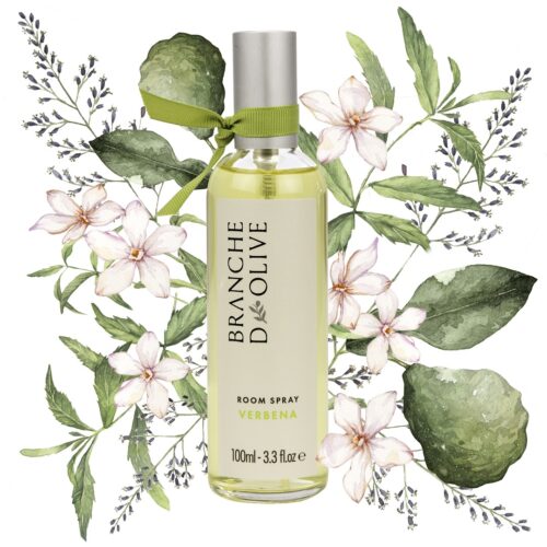 Branche d'Olive Verbena Room Spray surrounded by decorative hand-painted flowers, leaves and foliage.