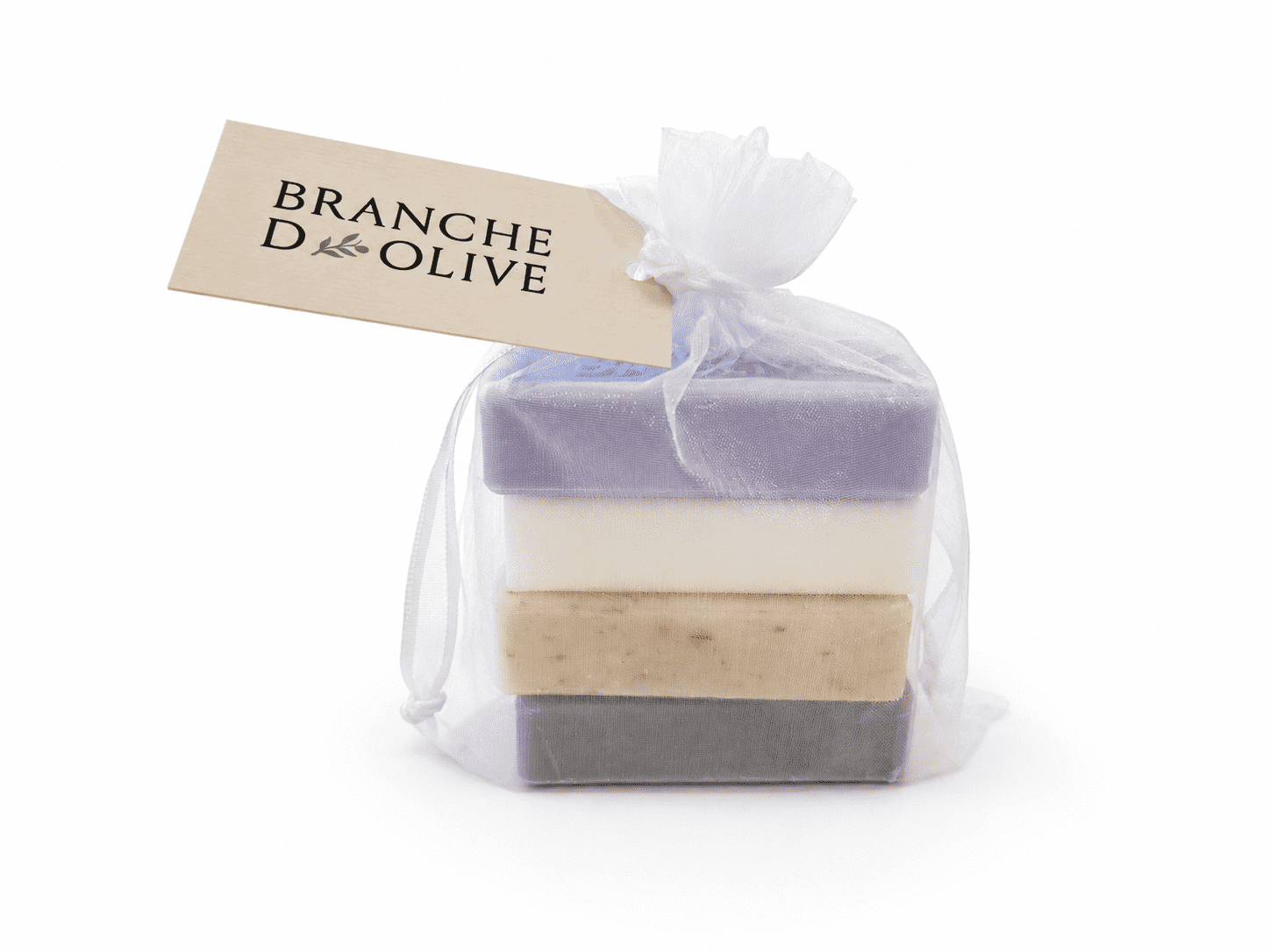 4 Branche d'Olive 50g soaps bagged and tagged in voile