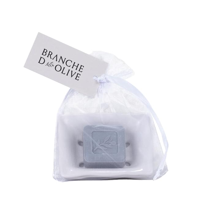 Two layered white ceramic draining soap dish with Cloud 25g soap in a voile bag with tag.