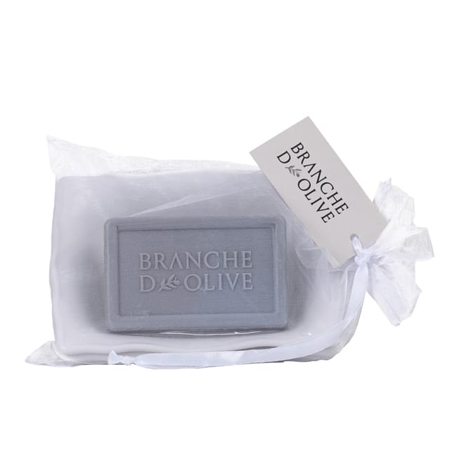 Two layered white ceramic draining soap dish with Cloud 100g soap in a voile bag with tag.