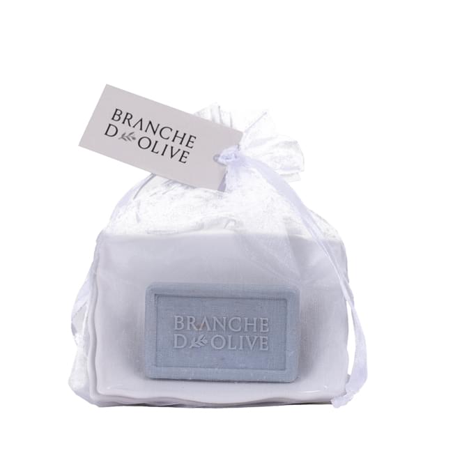 White ceramic two layered draining soap dish with 50g Cloud soap in a voile bag with tag.