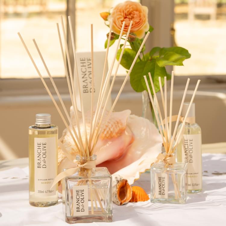 Branche d'Olive's Neroli diffuser 200ml & 100ml and refill shown with apricot rose and shells