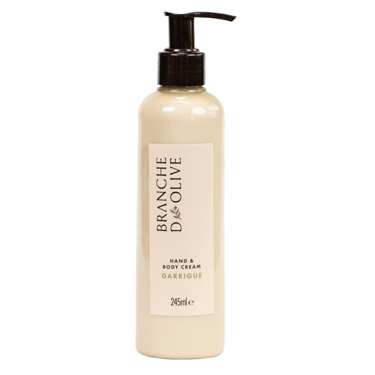 Branche d'Olive hand and body cream in pumped bottle against a neutral background