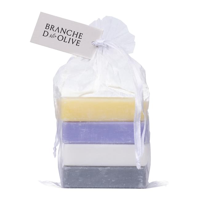 Branche d'Olive 4 x 100g bruised soaps. Four are shown bagged in white voile with a hanging tag and four are shown loose - all set against a white background.
