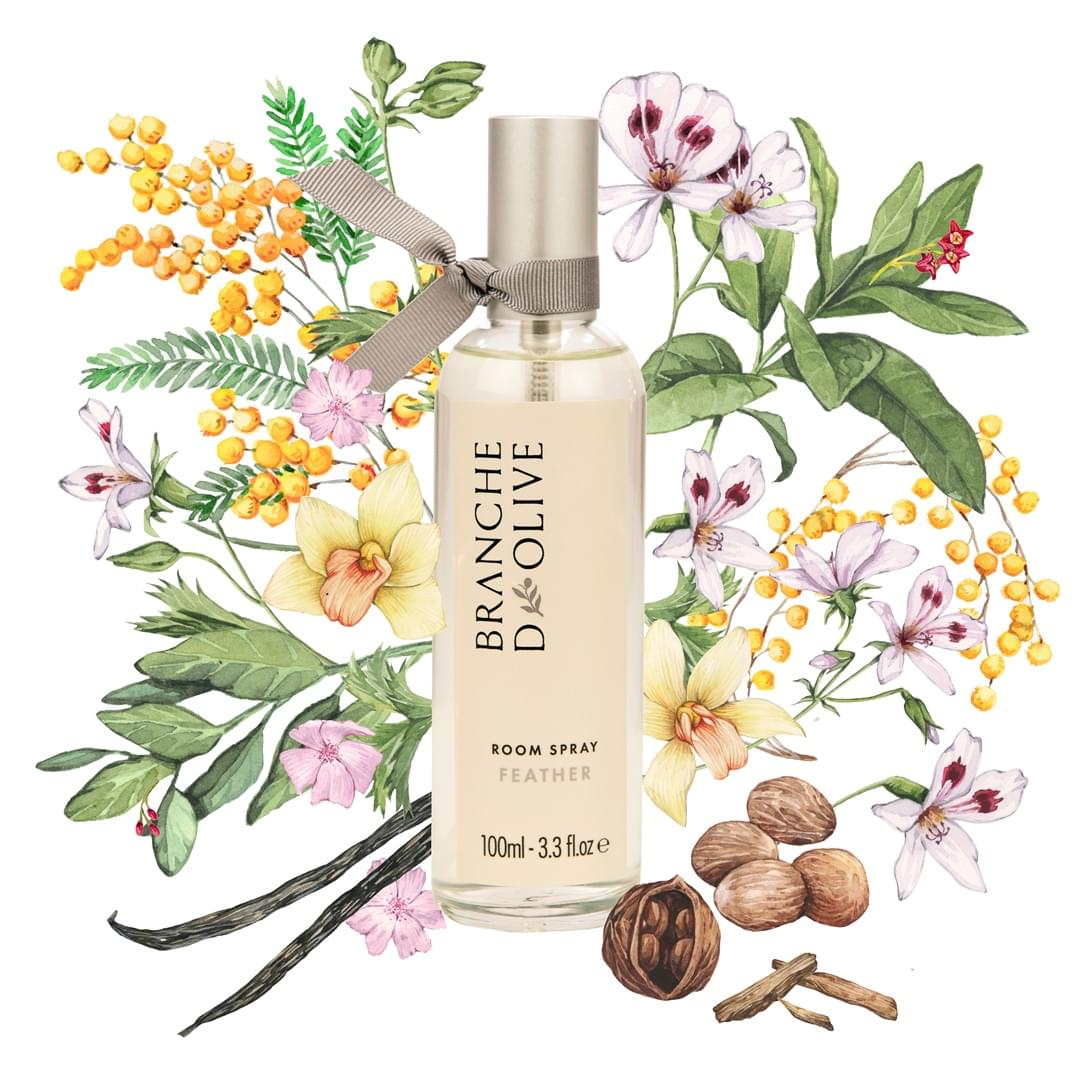 Branche d'Olive Feather Room spray shown in front of pictorial representation of the fragrance.