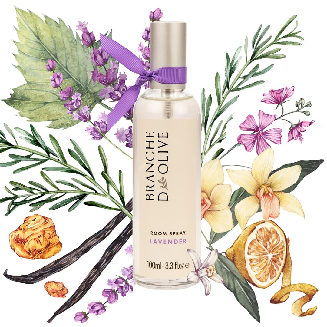 Branche d'Olive Lavender room spray pictured in front of a pictorial design of the ingredients