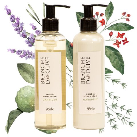 Branche d'Olive's Garrigue hand wash and hand/body lotion pictured in front of a hand drawn depiction of the fragrance constituent elements