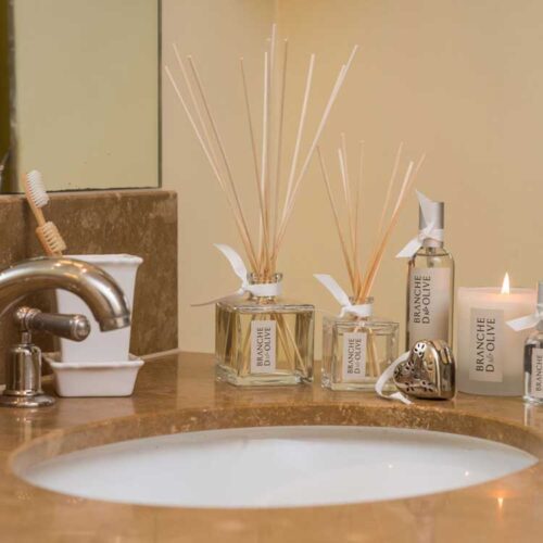 Branche d'Olive Room Diffusers, Room Spray, Scented Candle, Draining Tooth Brush Holder and Heart Pommander displayed around a marble sink