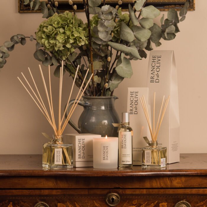 Branche d'Olive Garrigue large and small Room Diffusers, Candle and Room Spray on a wooden table in front of some green flowers