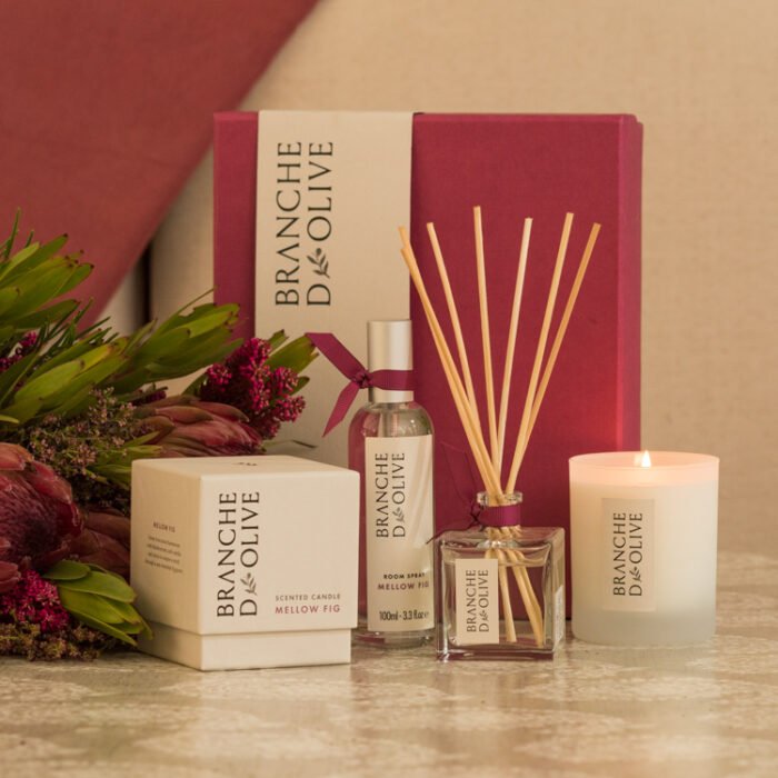 Branche d'Olive Mellow Fig Room Diffuser, Scented Candle and Room Spray with pink gift box