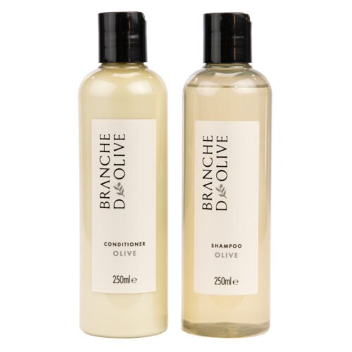 Bottles of Branche d'Olive Shampoo and Conditioner in Olive fragrance